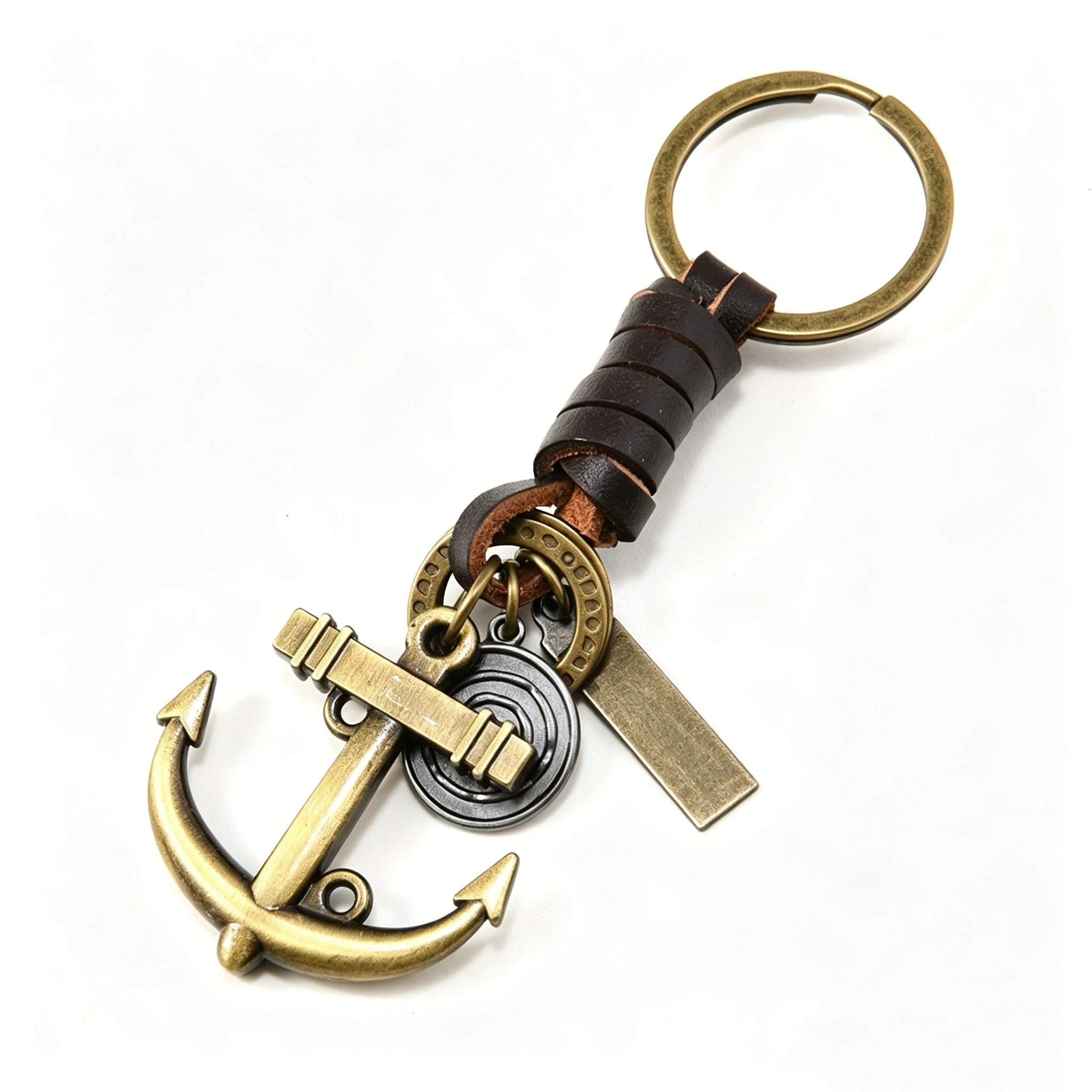 Vintage Braided Leather Anchor Keychain