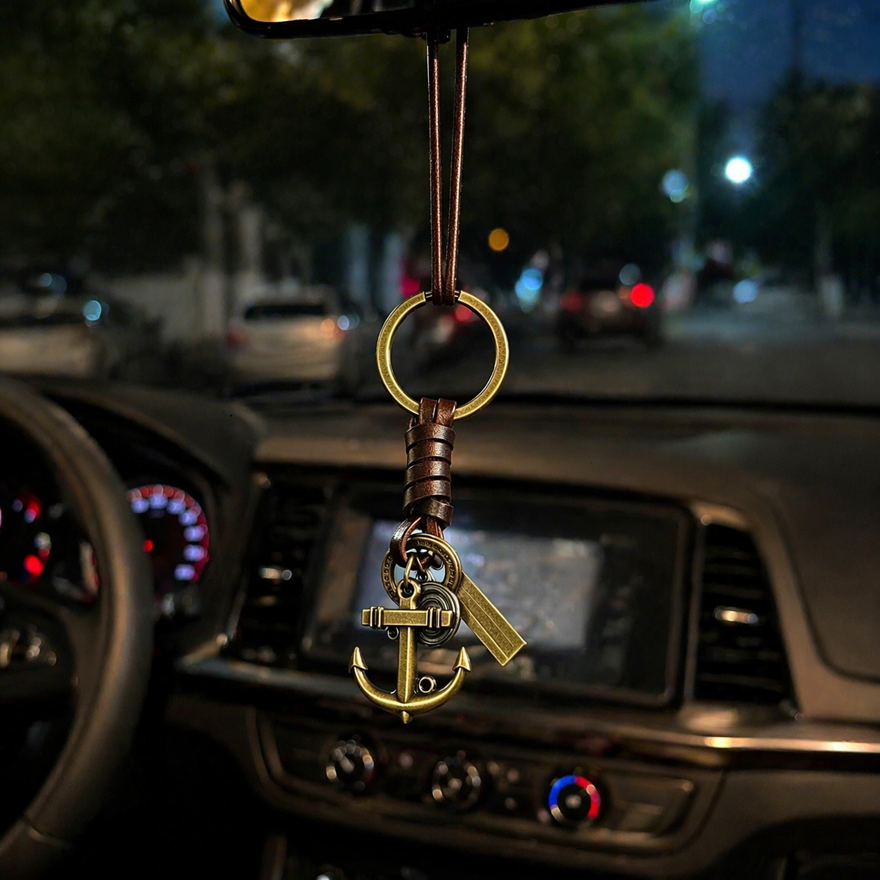 Vintage Braided Leather Anchor Keychain