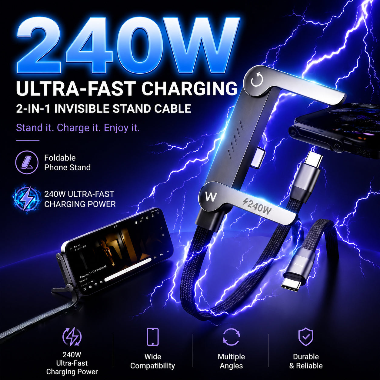 😍😍Official Authorized | 2-in-1 Invisible Holder Charger Cable - 240W Fast Charging Cord with Built-In Phone Stand