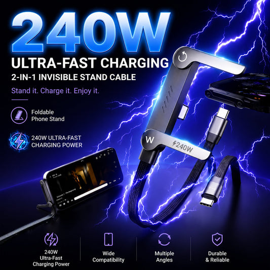 ⚡Official Authorized | 2-in-1 Invisible Holder Charger Cable - 240W Fast Charging Cord with Built-In Phone Stand