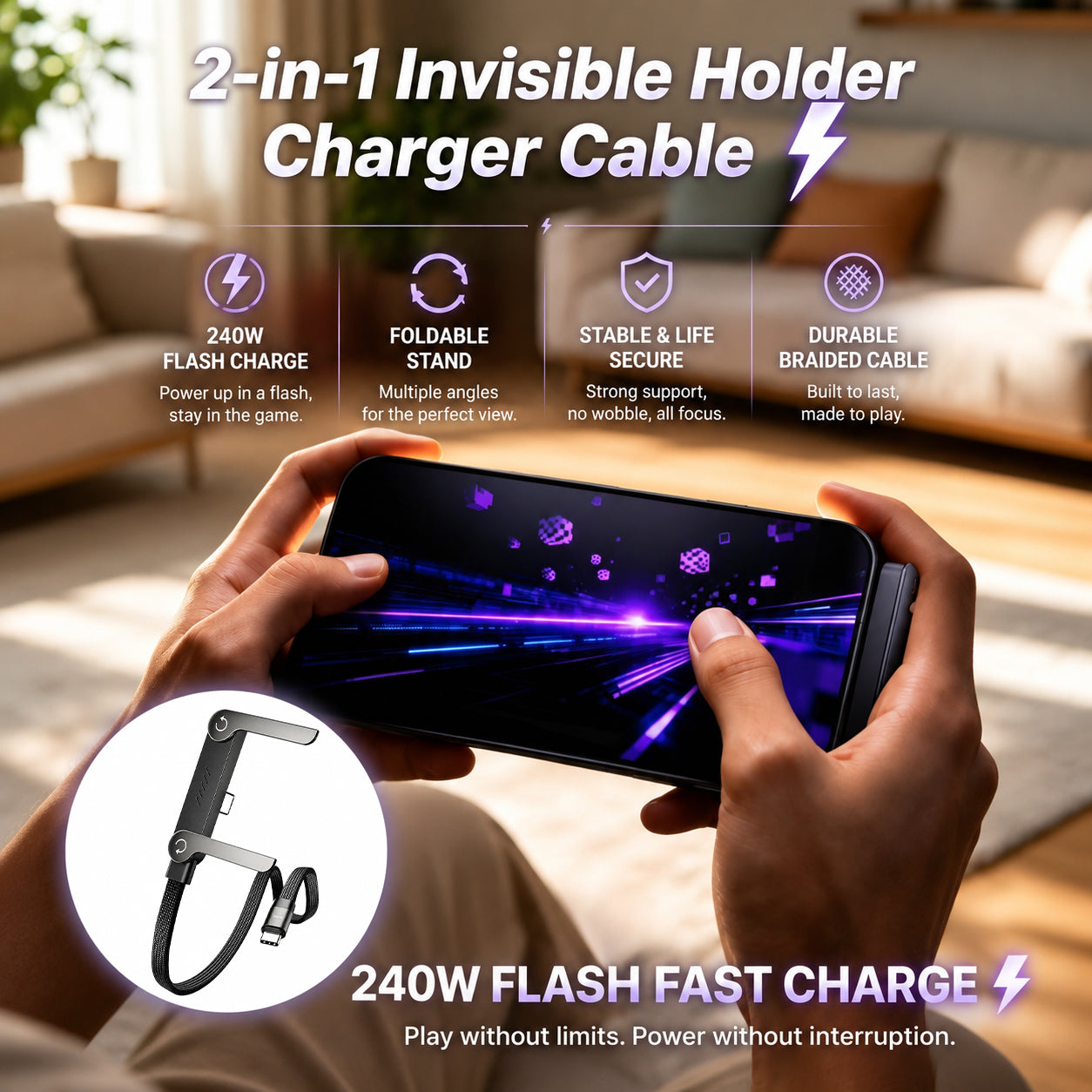 😍😍Official Authorized | 2-in-1 Invisible Holder Charger Cable - 240W Fast Charging Cord with Built-In Phone Stand