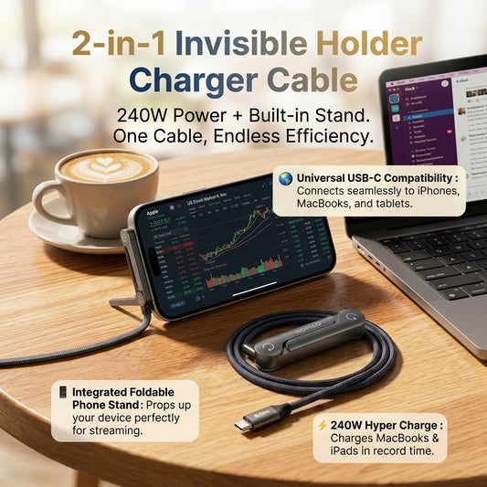 ⚡Official Authorized | 2-in-1 Invisible Holder Charger Cable - 240W Fast Charging Cord with Built-In Phone Stand